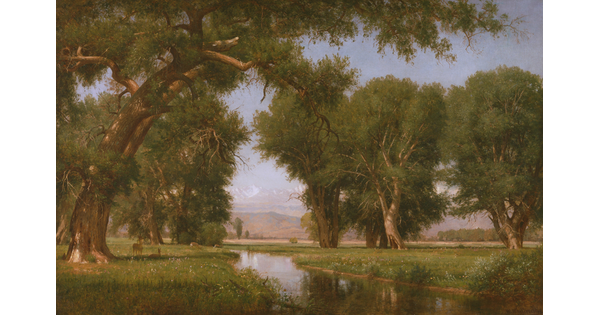 An oil painting of a calm river surrounded by large, leafy trees on a grassy plain with mountains in the distance.