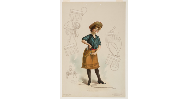 A color print calendar page of a standing White cowgirl, hair piled high under a hat, wearing an open-necked blue blouse pulling a gun from her belt over her fringed skirt.