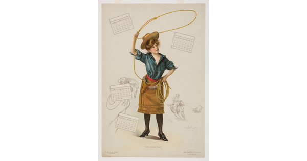 A color print calendar page of a standing White cowgirl, hair piled high under a hat, wearing an open-necked blue blouse and a fringed skirt, spinning a lasso above her head.