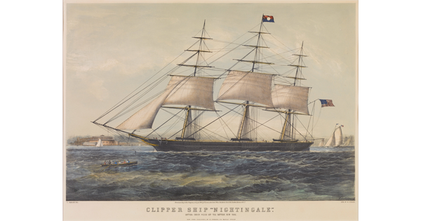 A print of a ship with many large, white sails, leaving port with "Clipper Ship 'Nightingale'" printed beneath the scene.