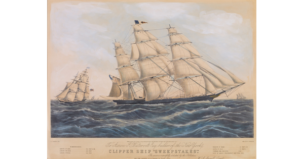 A color print of the large clipper "Sweepstakes" with open sails coasting on choppy blue water with the ship information detailed under the image.