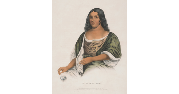 A color print of a medium-skinned woman with wavy black hair sitting in a formal green and gold dress.