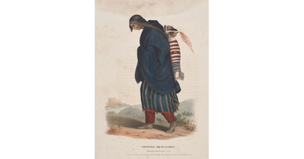 A color print of an Indigenous woman with long hair, a blue blanket or shawl wrapped over a red and gray dress, a child on a cradleboard slung on her back.