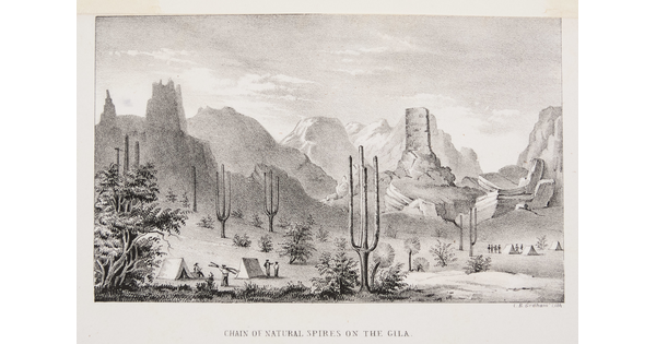A black-and-white print of a landscape with towering saguaro cacti among rock formations, several small tents, and people.