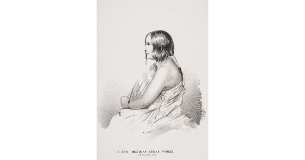 A black-and-white print of a seated Indigenous woman in profile with her long hair tied back and a striped wrap around her torso.