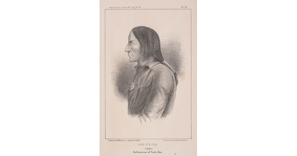 A black-and-white print of an Indigenous man in profile, from the waist up, long dark hair tied back, wearing a dark collared coat.