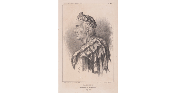 A black-and-white print of an Indigenous man in profile wearing a cloth shawl and head wrap.
