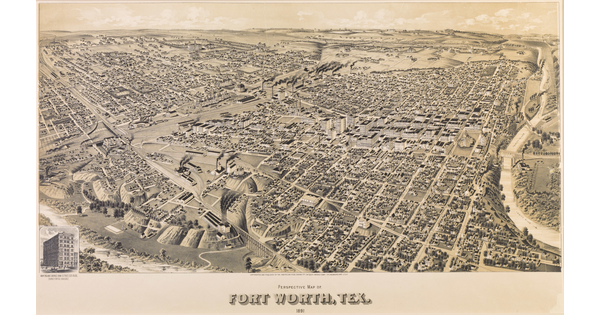 A sepia-toned print of an aerial view of Fort Worth, Texas, in the late 1800s.