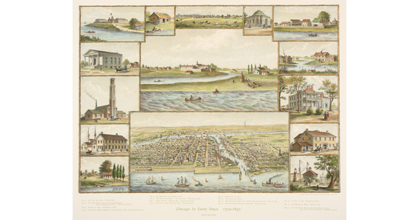 A color print of an aerial view of historic downtown Chicago framed by multiple scenes of houses, buildings, and countryside.