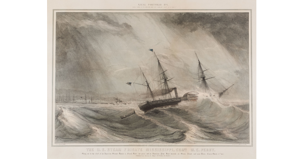 A color print of a ship listing to the side on stormy waters as a smaller boat full of people follows behind it.