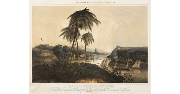 A color print of ships sailing a calm river, smoke in the distance, and tall palm trees in the foreground.