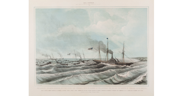 A color print of a fleet of ships moving through very choppy water.