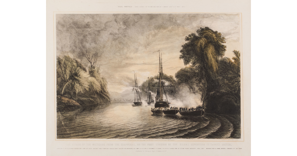 A color print of ships and boats full of soldiers on a river surrounded by palm trees.