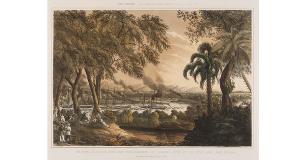 A color print of ships on a river surrounded by tall trees with soldiers in the foreground on the banks of the river.