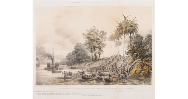 A color print of ships docked on the banks of a river with soldiers disembarking and running up the shore.