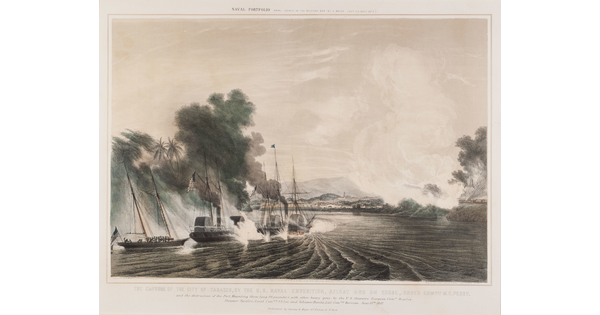 A color print of ships on a river with steam billowing out of the boats and smoke rising from the shore.