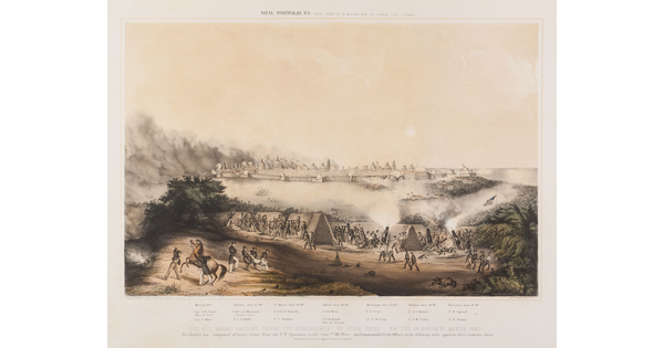A color print of an attack on a walled city with soldiers and cavalry in the foreground.