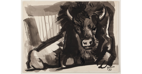An ink sketch-like illustration of a black bison lying on the ground.
