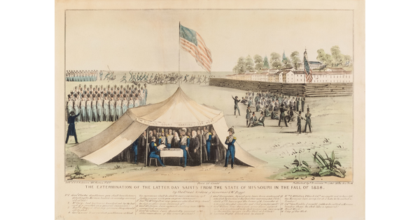 A color print of uniformed figures watching the signing of a document in a tent; military figures stand in formation outside as other soldiers chase away groups of people.