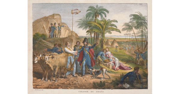 A color print of White men in military dress shaking hands, embracing, chopping wood in a tropical setting alongside cows, a dog, huts, women, and children.