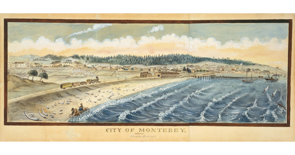 A landscape watercolor of a shoreline, with bright blue waves with white tips meeting the edge of a growing and bustling town.