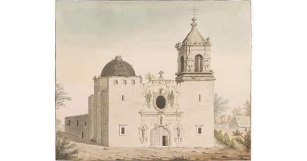 A mixed-media watercolor of a Spanish Colonial-style church.