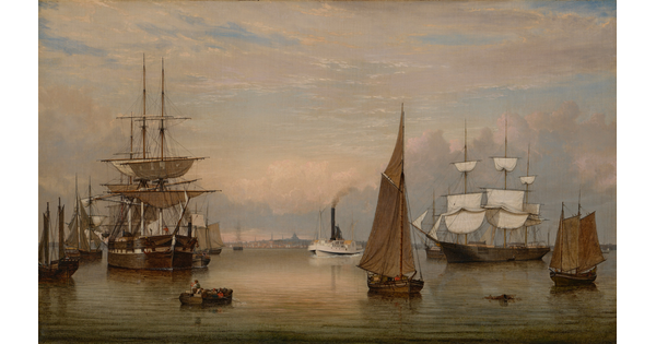 An oil painting of a harbor scene full of multi-masted, historical ships on calm water.