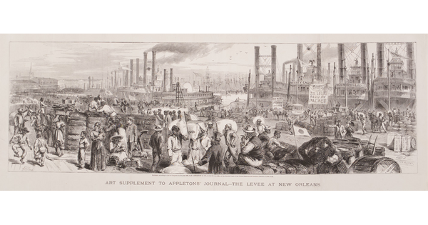 A black-and-white panoramic print of a very busy and crowded harbor and steamships lined up in the background.