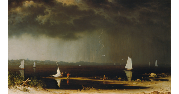 A painting of boats on calm water with an impending thunderstorm raging in the distance.