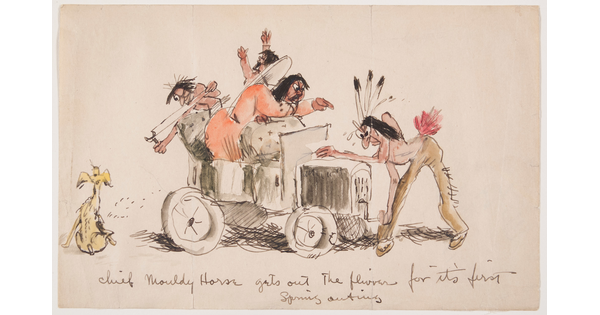 A watercolor of cartoon-like Native Americans in in native dress in an automobile; several gesturing angrily and one aiming a slingshot at a sitting dog.