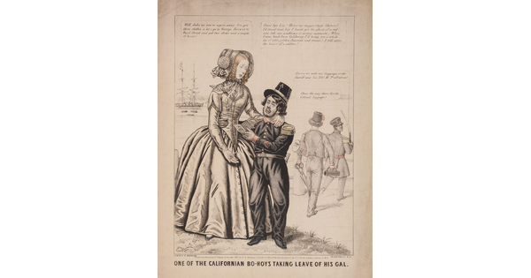 A color print of an illustration of a tall White woman in a bonnet and full skirt embracing a frowning White man in uniform, below several paragraphs of text.