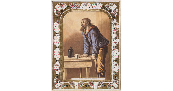 A color print of a White man with a long beard wearing a red and yellow bandanna leaning on a wooden table; playing cards make up the decorative border.