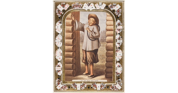 A color print of a man with Asian features wearing a hat and a long braid that loops around his arm leaning in the doorway of a log cabin; playing cards make up the decorative border.