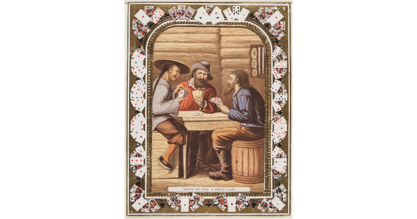 A color print of three men, two White and one Asian, playing cards; a decorative border made of playing cards surrounds the scene.
