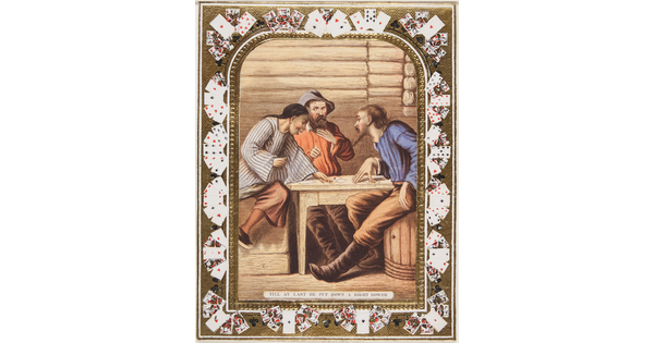 A color print of a smiling Asian man playing cards with two White men who look concerned; playing cards make up the decorative border.