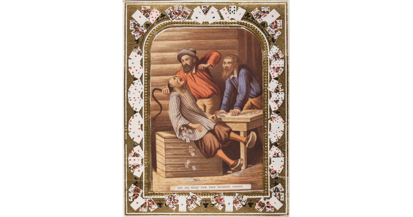 A color print of a White man holding a man with Asian features, playing cards falling out of his shirt sleeve, by the hair as another White man watches; playing cards make up the decorative border.