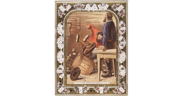 A color print of a White man pulling a man with Asian features to the ground as another White man watches; playing cards make up the decorative border.