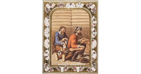 A color print of two White men, one sitting on the torso of a third man, the other pulling playing cards out of the sleeves of the third man; playing cards make up the decorative border.