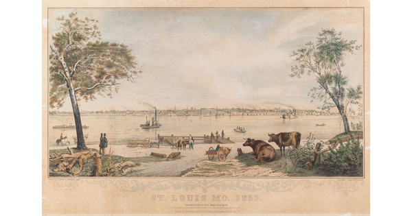 A color print of a wide river with boats on it and people, horses, wagons, and cattle along the shore in the foreground.