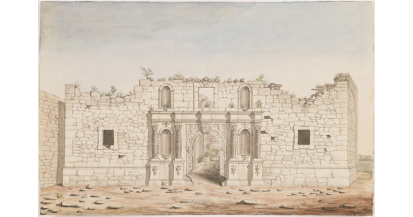A mixed-media watercolor of a Spanish Colonial-style church in ruins.