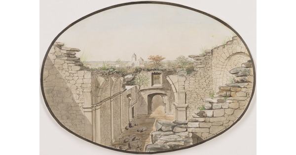 An oval-shaped watercolor painting of the interior of the ruins of a stone church without a roof.