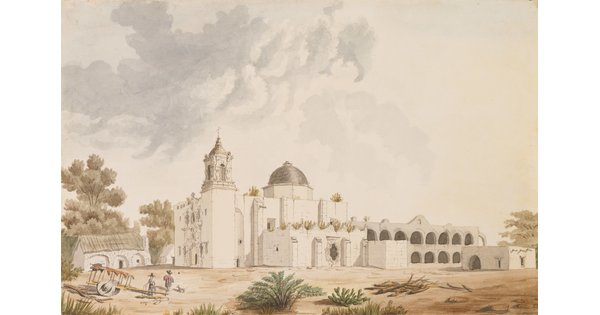 A mixed-media watercolor of a Spanish Colonial-style church from the side on a cloudy day.