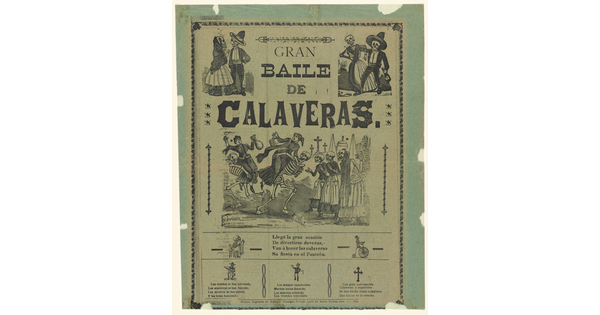 A black-and-white print showing various scenes of skeletons dancing around a headline that reads, "Gran baile de calaveras" and other text in Spanish.