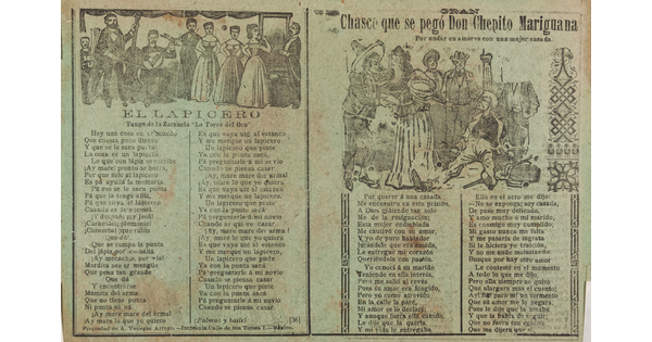 A black-and-white print of a two-spread broadside with worn edges; illustrations of musicians and guests at a party are on each page above a Spanish song or poem.