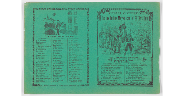 A black-and-white print on green paper: on the left, an illustration of a man playing guitar to people in a building above a poem in Spanish; on the right, a group of soldiers watch as people in the background run away above text in Spanish.