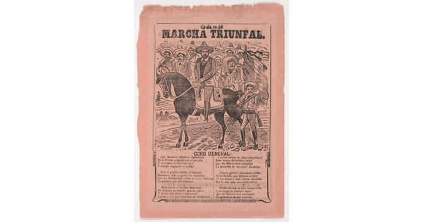 A black-and-white print illustration on red paper of a man in a hat on horseback and a crowd of men behind him above text in Spanish.