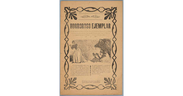 A black-and-white print illustration on gold paper of a woman running from a the mouth of a monster that is eating a person; a headline above and text below all in Spanish.
