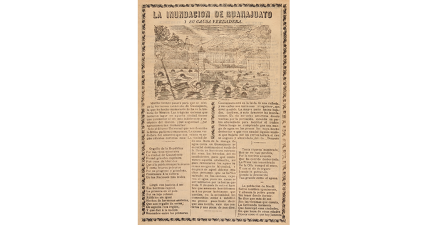 A black-and-white print illustration on gold paper of a flooded village, people struggling in the water, above Spanish text.