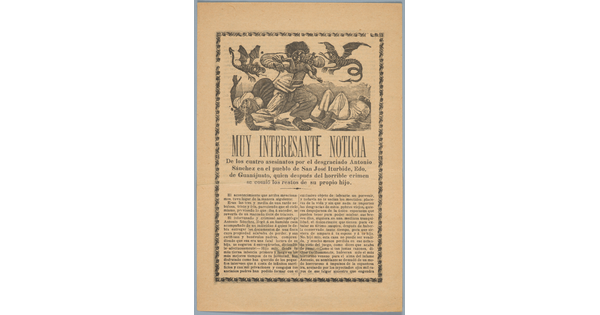 A print showing a cartoon-ish man eating a child and two dragon-like creatures flying around him with a headline in Spanish that reads, "Muy interesante noticia" above an article.