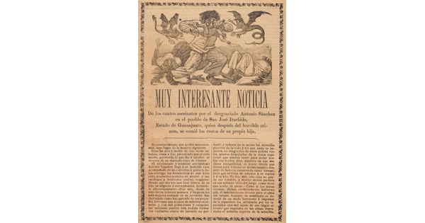 A print showing a cartoon-ish man eating a child and two dragon-like creatures flying around him with a headline in Spanish that reads, &quot;Muy interesante noticia&quot; above an article.